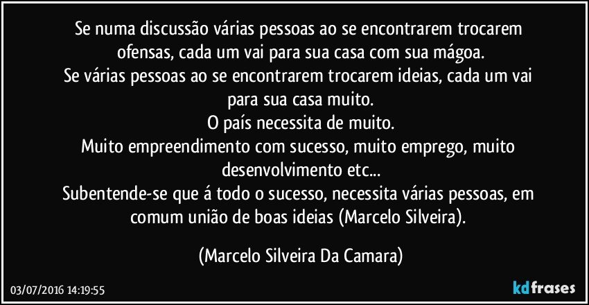 Se numa discussão várias pessoas ao se encontrarem trocarem ofensas, cada um vai para sua casa com sua mágoa.
Se várias pessoas ao se encontrarem trocarem ideias, cada um vai para sua casa muito.
O país necessita de muito.
Muito empreendimento com sucesso, muito emprego, muito desenvolvimento etc...
Subentende-se que á todo o sucesso, necessita várias pessoas, em comum união de boas ideias (Marcelo Silveira). (Marcelo Silveira Da Camara)