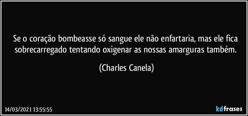 Se o coração bombeasse só sangue ele não enfartaria, mas ele fica sobrecarregado tentando oxigenar as nossas amarguras também. (Charles Canela)