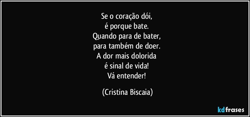 Se o coração dói,
é porque bate.
Quando para de bater,
para também de doer.
A dor mais dolorida
é sinal de vida!
Vá entender! (Cristina Biscaia)