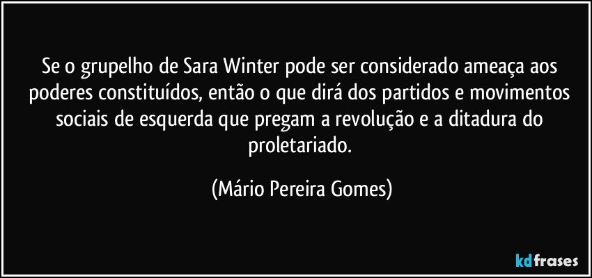 Se o grupelho de Sara Winter pode ser considerado ameaça aos poderes constituídos, então o que dirá dos partidos e movimentos sociais de esquerda que pregam a revolução e a ditadura do proletariado. (Mário Pereira Gomes)