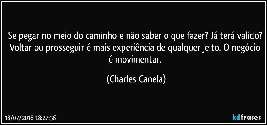 Se pegar no meio do caminho e não saber o que fazer? Já terá valido? Voltar ou prosseguir é mais experiência de qualquer jeito. O negócio é movimentar. (Charles Canela)