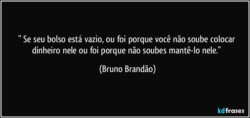 " Se seu bolso está vazio, ou foi porque você não soube colocar dinheiro nele ou foi  porque não soubes mantê-lo nele." (Bruno Brandão)