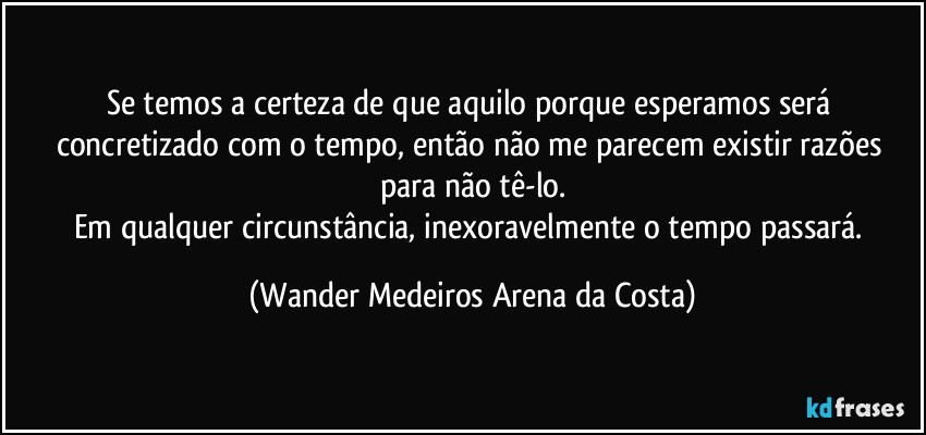 Se temos a certeza de que aquilo porque esperamos será concretizado com o tempo, então não me parecem existir razões para não tê-lo.
Em qualquer circunstância, inexoravelmente o tempo passará. (Wander Medeiros Arena da Costa)