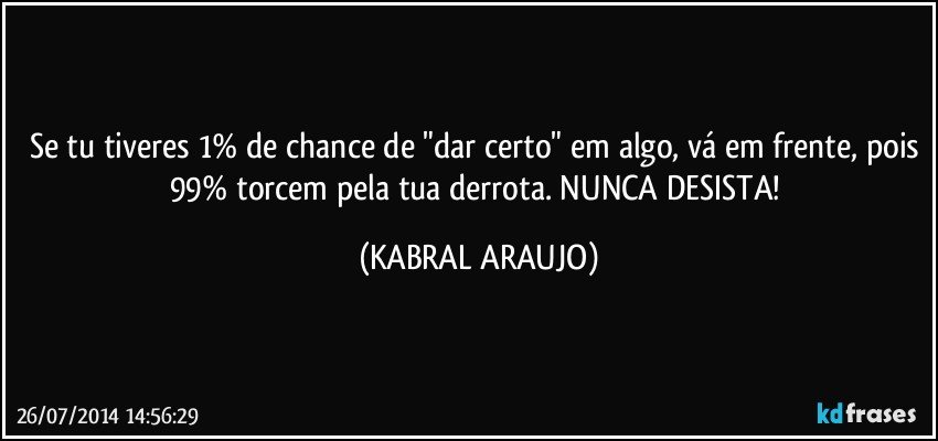 Se tu tiveres 1% de chance de "dar certo" em algo, vá em frente, pois 99% torcem pela tua derrota. NUNCA DESISTA! (KABRAL ARAUJO)