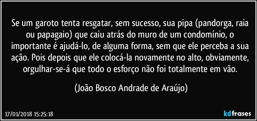 Se um garoto tenta resgatar, sem sucesso, sua pipa (pandorga, raia ou papagaio) que caiu atrás do muro de um condomínio, o importante é ajudá-lo, de alguma forma, sem que ele perceba a sua ação. Pois depois que ele colocá-la novamente no alto, obviamente, orgulhar-se-á que todo o esforço não foi totalmente em vão. (João Bosco Andrade de Araújo)