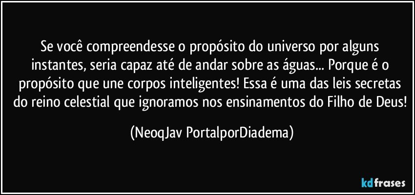 Se você compreendesse o propósito do universo por alguns instantes, seria capaz até de andar sobre as águas... Porque é o propósito que une corpos inteligentes! Essa é uma das leis secretas do reino celestial que ignoramos nos ensinamentos do Filho de Deus! (NeoqJav PortalporDiadema)