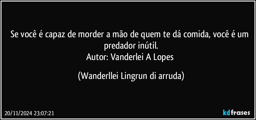 Se você é capaz de morder a mão de quem te dá comida, você é um predador inútil.
Autor: Vanderlei A Lopes (Wanderllei Lingrun di arruda)