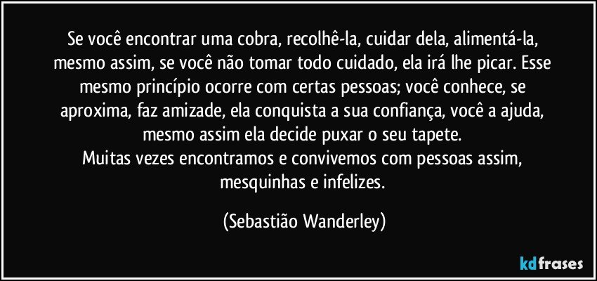 Se você encontrar uma cobra, recolhê-la, cuidar dela, alimentá-la, mesmo assim, se você não tomar todo cuidado, ela irá lhe picar. Esse mesmo princípio ocorre com certas pessoas; você conhece, se aproxima, faz amizade, ela conquista a sua confiança, você a ajuda, mesmo assim ela decide puxar o seu tapete. 
Muitas vezes encontramos e convivemos com pessoas assim, mesquinhas e infelizes. (Sebastião Wanderley)