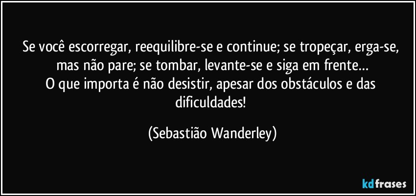 Se você escorregar, reequilibre-se e continue; se tropeçar, erga-se, mas não pare; se tombar, levante-se e siga em frente…
O que importa é não desistir, apesar dos obstáculos e das dificuldades! (Sebastião Wanderley)
