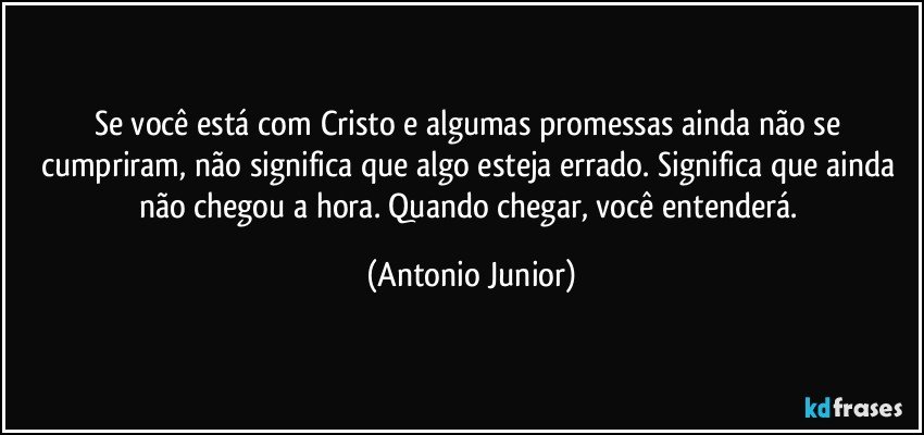 Se você está com Cristo e algumas promessas ainda não se cumpriram, não significa que algo esteja errado. Significa que ainda não chegou a hora. Quando chegar, você entenderá. (Antonio Junior)