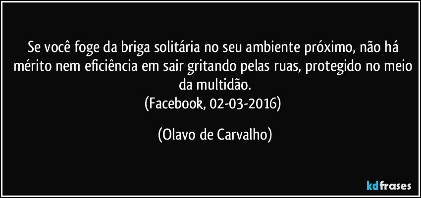 Se você foge da briga solitária no seu ambiente próximo, não há mérito nem eficiência em sair gritando pelas ruas, protegido no meio da multidão.
(Facebook, 02-03-2016) (Olavo de Carvalho)