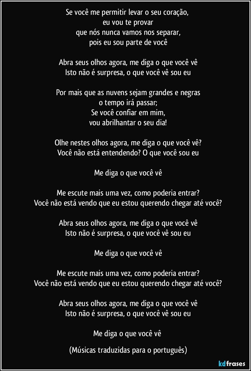 Se você me permitir levar o seu coração, 
eu vou te provar
que nós nunca vamos nos separar,
pois eu sou parte de você

Abra seus olhos agora, me diga o que você vê
Isto não é surpresa, o que você vê sou eu

Por mais que as nuvens sejam grandes e negras
o tempo irá passar;
Se você confiar em mim,
vou abrilhantar o seu dia!

Olhe nestes olhos agora, me diga o que você vê?
Você não está entendendo? O que você sou eu

Me diga o que você vê

Me escute mais uma vez, como poderia entrar?
Você não está vendo que eu estou querendo chegar até você?

Abra seus olhos agora, me diga o que você vê
Isto não é surpresa, o que você vê sou eu

Me diga o que você vê

Me escute mais uma vez, como poderia entrar?
Você não está vendo que eu estou querendo chegar até você?

Abra seus olhos agora, me diga o que você vê
Isto não é surpresa, o que você vê sou eu

Me diga o que você vê (Músicas traduzidas para o português)