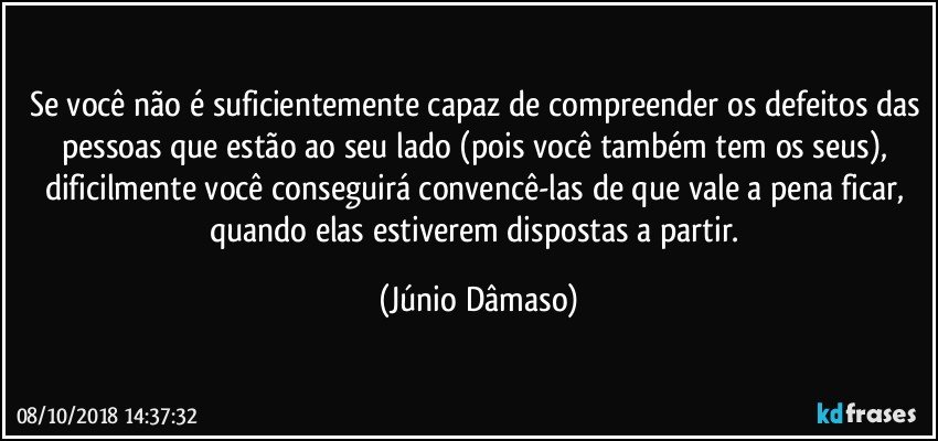 Se você não é suficientemente capaz de compreender os defeitos das pessoas que estão ao seu lado (pois você também tem os seus), dificilmente você conseguirá convencê-las de que vale a pena ficar, quando elas estiverem dispostas a partir. (Júnio Dâmaso)