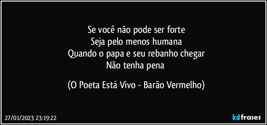 Se você não pode ser forte
Seja pelo menos humana
Quando o papa e seu rebanho chegar
Não tenha pena (O Poeta Está Vivo - Barão Vermelho)