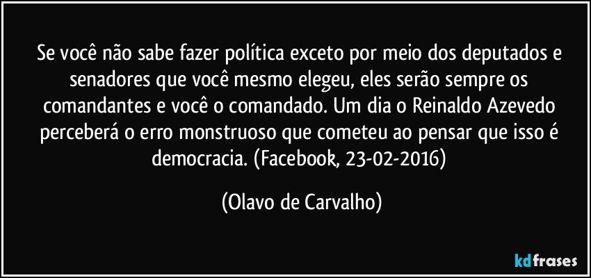 Se você não sabe fazer política exceto por meio dos deputados e senadores que você mesmo elegeu, eles serão sempre os comandantes e você o comandado. Um dia o Reinaldo Azevedo perceberá o erro monstruoso que cometeu ao pensar que isso é democracia. (Facebook, 23-02-2016) (Olavo de Carvalho)