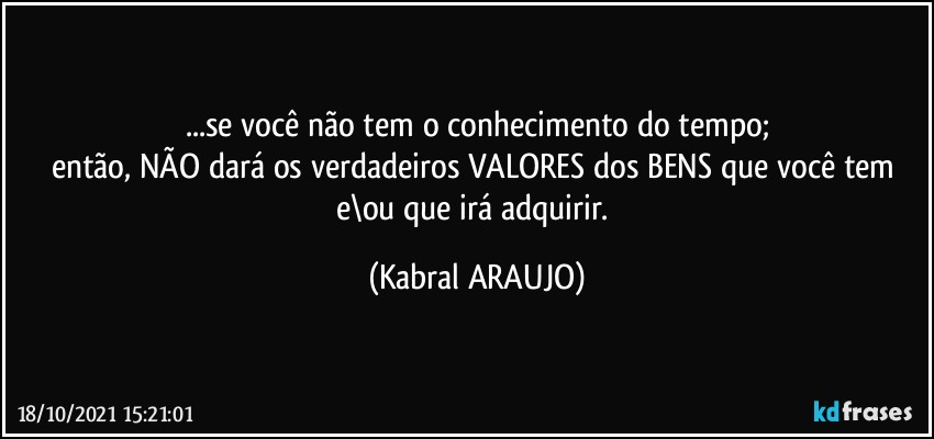 ...se você não tem o conhecimento  do tempo;
então, NÃO dará os verdadeiros VALORES dos BENS que você tem e\ou que irá adquirir. (KABRAL ARAUJO)