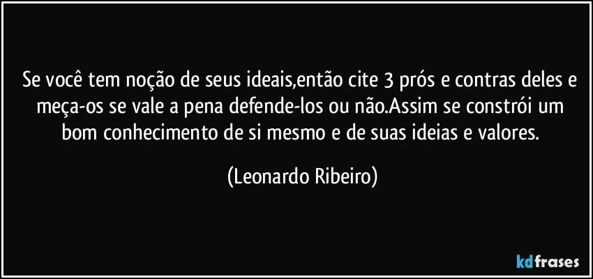 Se você tem noção de seus ideais,então cite 3 prós e contras deles e meça-os se vale a pena defende-los ou não.Assim se constrói um bom conhecimento  de si mesmo e de suas ideias e valores. (Leonardo Ribeiro)