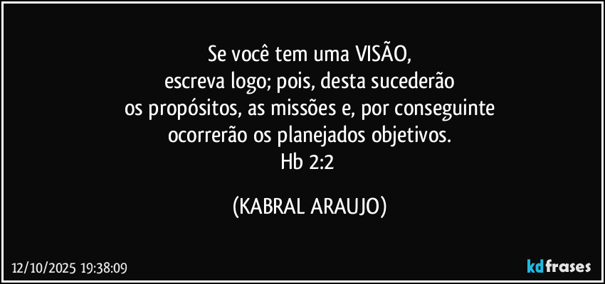 Se você tem uma VISÃO,
escreva logo; pois, desta sucederão
os propósitos, as missões e, por conseguinte
ocorrerão os planejados objetivos.
Hb 2:2 (KABRAL ARAUJO)