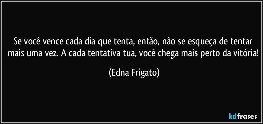 Se você vence cada dia que tenta, então, não se esqueça de tentar mais uma vez. A cada tentativa tua, você chega mais perto da vitória! (Edna Frigato)