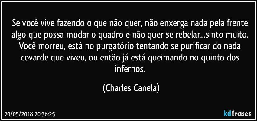 Se você vive fazendo o que não quer, não enxerga nada pela frente algo que possa mudar o quadro e não quer se rebelar...sinto muito. Você morreu, está no purgatório tentando se purificar do nada covarde que viveu, ou então já está queimando no quinto dos infernos. (Charles Canela)