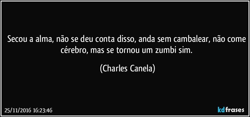 Secou a alma, não se deu conta disso, anda sem cambalear, não come cérebro, mas se tornou um zumbi sim. (Charles Canela)