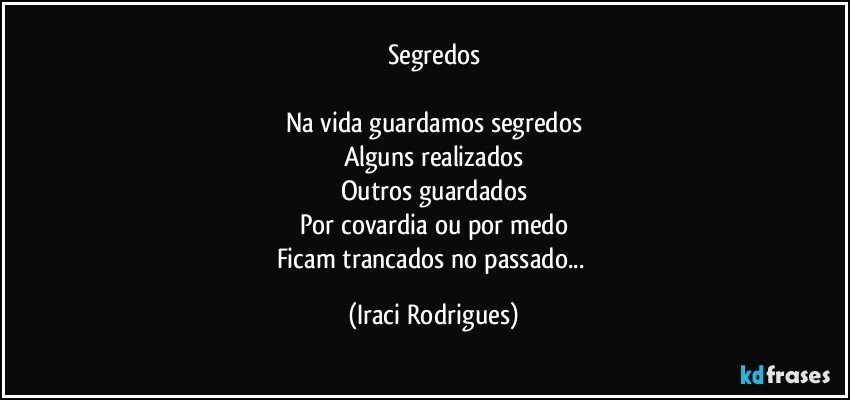 Segredos

Na vida guardamos segredos
Alguns realizados
Outros guardados
Por covardia ou por medo
Ficam trancados no passado... (Iraci Rodrigues)