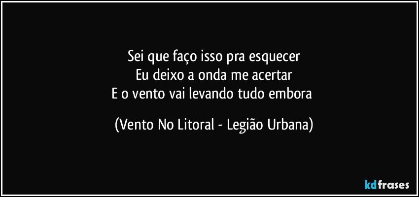 Sei que faço isso pra esquecer
Eu deixo a onda me acertar
E o vento vai levando tudo embora (Vento No Litoral - Legião Urbana)