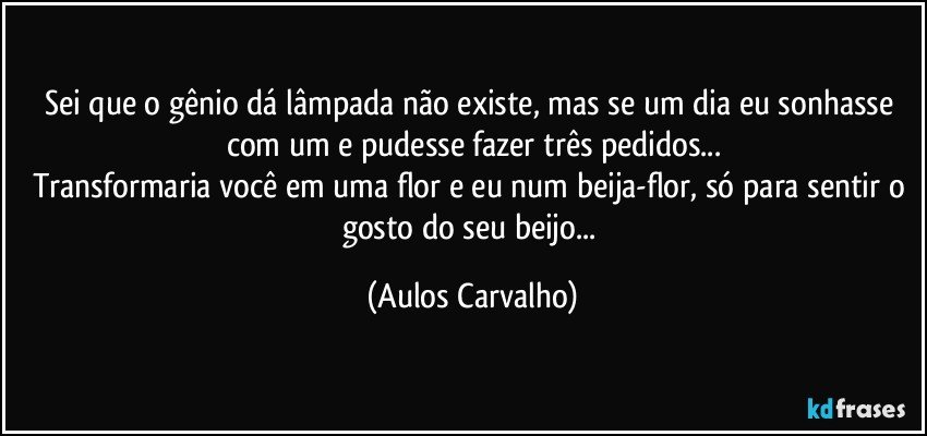 Sei que o gênio dá lâmpada não existe, mas se um dia eu sonhasse com um e pudesse fazer três pedidos...
Transformaria você em uma flor e eu num beija-flor, só para sentir o gosto do seu beijo... (Aulos Carvalho)