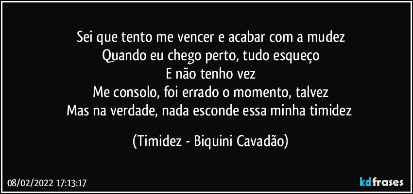 Sei que tento me vencer e acabar com a mudez
Quando eu chego perto, tudo esqueço
E não tenho vez
Me consolo, foi errado o momento, talvez
Mas na verdade, nada esconde essa minha timidez (Timidez - Biquini Cavadão)