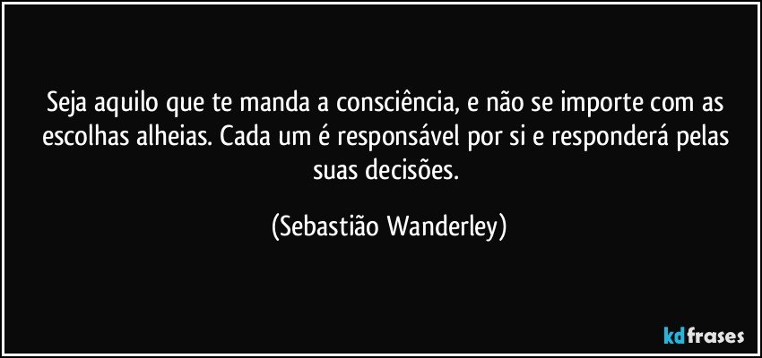 Seja aquilo que te manda a consciência, e não se importe com as escolhas alheias. Cada um é responsável por si e responderá pelas suas decisões. (Sebastião Wanderley)