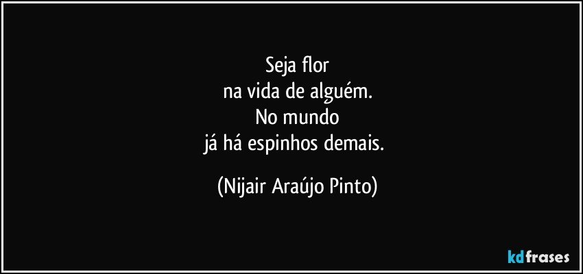 Seja flor
na vida de alguém.
No mundo
já há espinhos demais. (Nijair Araújo Pinto)