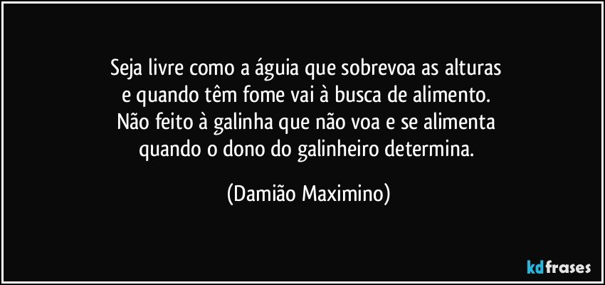 Seja livre como a águia que sobrevoa as alturas 
e quando têm fome vai à busca de alimento. 
Não feito à galinha que não voa e se alimenta 
quando o dono do galinheiro determina. (Damião Maximino)