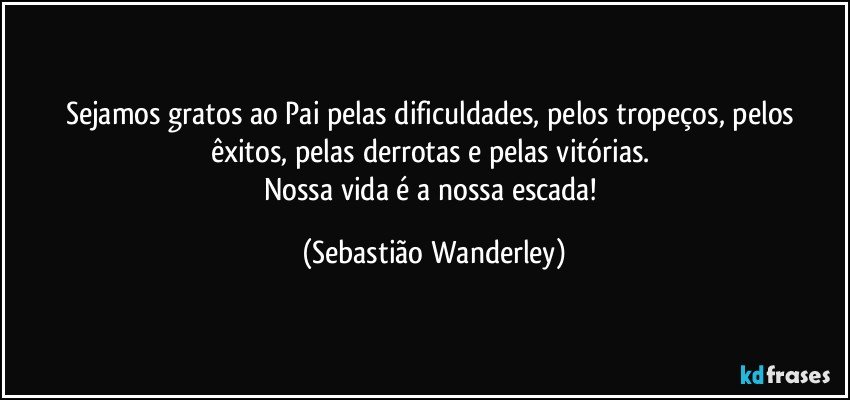 Sejamos gratos ao Pai pelas dificuldades, pelos tropeços, pelos êxitos, pelas derrotas e pelas vitórias. 
Nossa vida é a nossa escada! (Sebastião Wanderley)