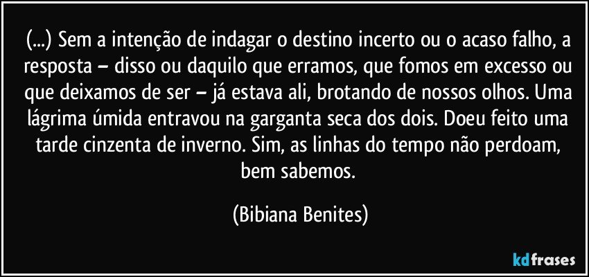 (...) Sem a intenção de indagar o destino incerto ou o acaso falho, a resposta – disso ou daquilo que erramos, que fomos em excesso ou que deixamos de ser – já estava ali, brotando de nossos olhos. Uma lágrima úmida entravou na garganta seca dos dois. Doeu feito uma tarde cinzenta de inverno. Sim, as linhas do tempo não perdoam, bem sabemos. (Bibiana Benites)