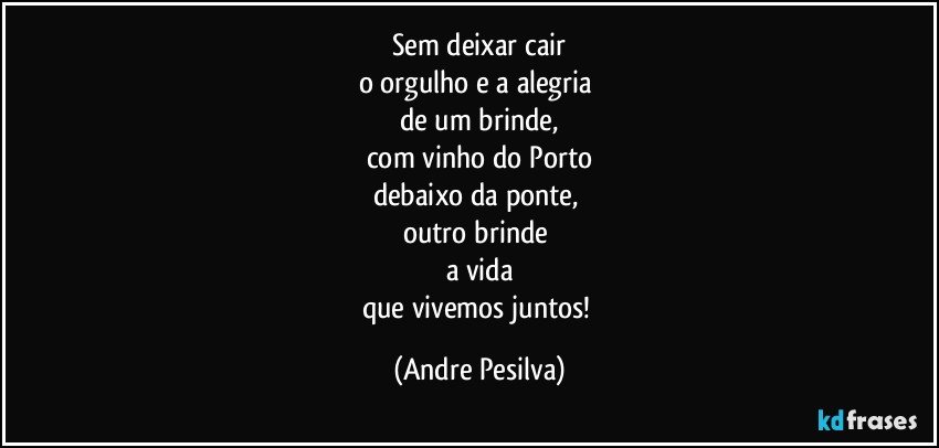 Sem deixar cair
o orgulho e a alegria 
de um brinde,
com vinho do Porto
debaixo da ponte, 
outro brinde 
a vida
que vivemos juntos! (Andre Pesilva)