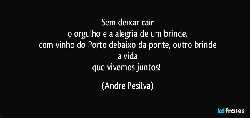 Sem deixar cair
o orgulho e a alegria de um brinde,
com vinho do Porto debaixo da ponte, outro brinde
a vida
que vivemos juntos! (Andre Pesilva)