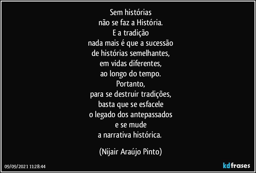 Sem histórias
não se faz a História.
E a tradição
nada mais é que a sucessão
de histórias semelhantes,
em vidas diferentes,
ao longo do tempo.
Portanto,
para se destruir tradições,
basta que se esfacele
o legado dos antepassados
e se mude
a narrativa histórica. (Nijair Araújo Pinto)