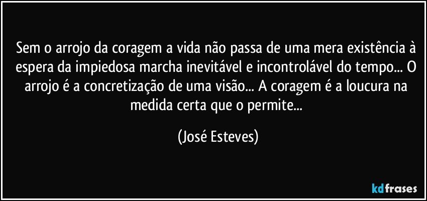 Sem o arrojo da coragem a vida não passa de uma mera existência à espera da impiedosa marcha inevitável e incontrolável do tempo... O arrojo é a concretização de uma visão... A coragem é a loucura na medida certa que o permite... (José Esteves)