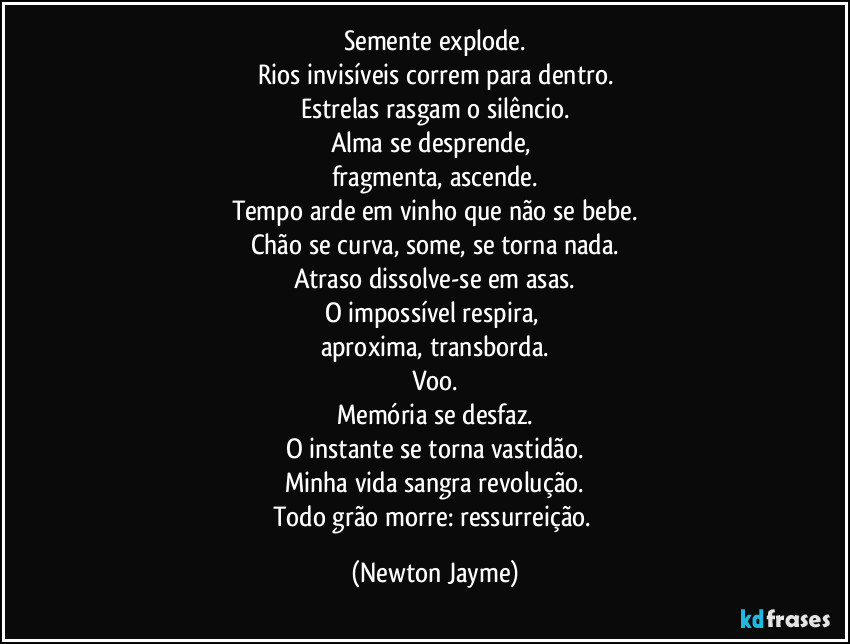 Semente explode.
Rios invisíveis correm para dentro.
Estrelas rasgam o silêncio.
Alma se desprende, 
fragmenta, ascende.
Tempo arde em vinho que não se bebe.
Chão se curva, some, se torna nada.
Atraso dissolve-se em asas.
O impossível respira, 
aproxima, transborda.
Voo.
Memória se desfaz.
O instante se torna vastidão.
Minha vida sangra revolução.
Todo grão morre: ressurreição. (Newton Jayme)