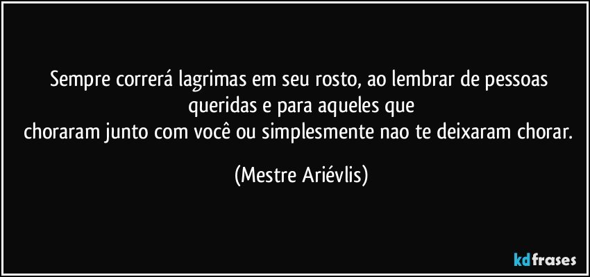 Sempre correrá lagrimas em seu rosto, ao lembrar de pessoas queridas e para aqueles que
choraram junto com você ou simplesmente nao te deixaram chorar. (Mestre Ariévlis)