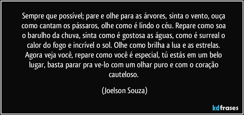 Sempre que possível; pare e olhe para as árvores, sinta o vento, ouça como cantam os pássaros, olhe como é lindo o céu. Repare como soa o barulho da chuva, sinta como é gostosa as águas, como é surreal o calor do fogo e incrível o sol. Olhe como brilha a lua e as estrelas. Agora veja você, repare como você é especial, tú estás em um belo lugar, basta parar pra ve-lo com um olhar puro e com o coração cauteloso. (Joelson Souza)