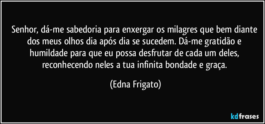 Senhor, dá-me sabedoria para enxergar os milagres que bem diante dos meus olhos dia após dia se sucedem. Dá-me gratidão e humildade para que eu possa desfrutar de cada um deles, reconhecendo neles a tua infinita bondade e graça. (Edna Frigato)