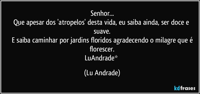 Senhor...
Que apesar dos 'atropelos' desta vida, eu saiba ainda, ser doce e suave.
E saiba caminhar por jardins floridos agradecendo o milagre que é
florescer.
LuAndrade* (Lu Andrade)