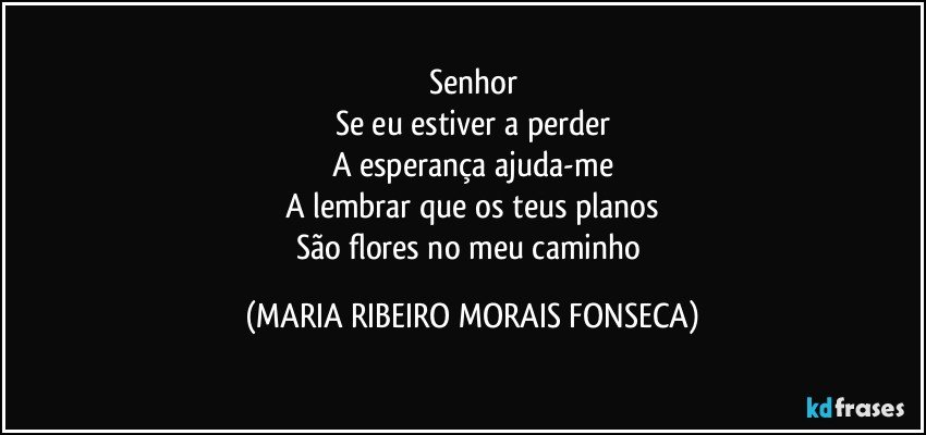 Senhor
Se eu estiver a perder
A esperança ajuda-me
A lembrar que os teus planos
São flores no meu caminho (MARIA RIBEIRO MORAIS FONSECA)