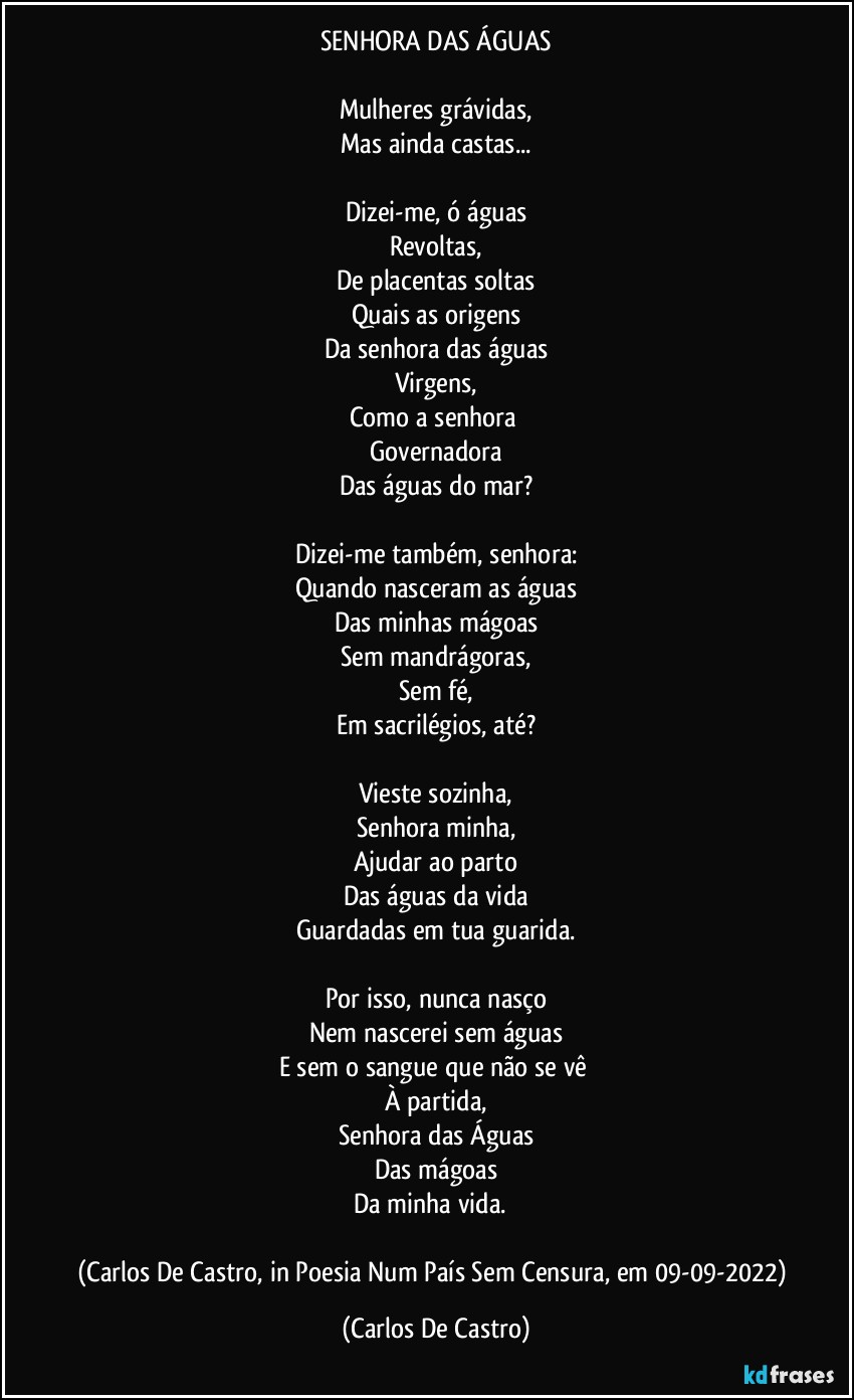 SENHORA DAS ÁGUAS

Mulheres grávidas,
Mas ainda castas...

Dizei-me, ó águas
Revoltas,
De placentas soltas
Quais as origens
Da senhora das águas
Virgens,
Como a senhora 
Governadora
Das águas do mar?

Dizei-me também, senhora:
Quando nasceram as águas
Das minhas mágoas
Sem mandrágoras,
Sem fé,
Em sacrilégios, até?

Vieste sozinha,
Senhora minha,
Ajudar ao parto
Das águas da vida
Guardadas em tua guarida.

Por isso, nunca nasço
Nem nascerei sem águas
E sem o sangue que não se vê 
À partida,
Senhora das Águas
Das mágoas
Da minha vida. ⁠

(Carlos De Castro, in Poesia Num País Sem Censura, em 09-09-2022) (Carlos De Castro)