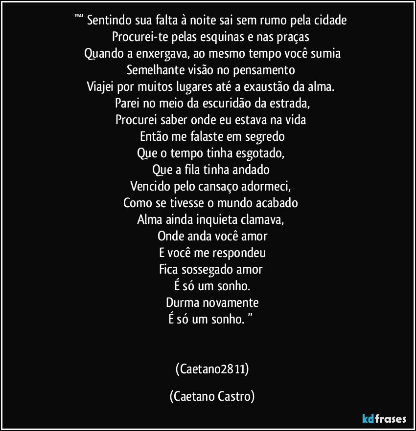 "“ Sentindo sua falta à noite sai sem rumo pela cidade 
Procurei-te pelas esquinas e nas praças 
Quando a enxergava, ao mesmo tempo você sumia
Semelhante visão no pensamento 
Viajei por muitos lugares até a exaustão da alma. 
Parei no meio da escuridão da estrada,
Procurei saber onde eu estava na vida 
Então me falaste em segredo
Que o tempo tinha esgotado, 
Que a fila tinha andado 
Vencido pelo cansaço adormeci, 
Como se tivesse o mundo acabado 
Alma ainda inquieta clamava, 
Onde anda você amor
E você me respondeu
Fica sossegado amor 
É só um sonho.
Durma novamente
É só um sonho. ” 


 (Caetano2811) (Caetano Castro)