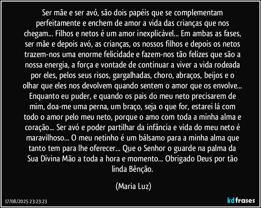 Ser mãe e ser avó, são dois papéis que se complementam perfeitamente e enchem de amor a vida das crianças que nos chegam... Filhos e netos é um amor inexplicável... Em ambas as fases, ser mãe e depois avó, as crianças, os nossos filhos e depois os netos trazem-nos uma enorme felicidade e fazem-nos tão felizes que são a nossa energia, a força e vontade de continuar a viver a vida rodeada por eles, pelos seus risos, gargalhadas, choro, abraços, beijos e o olhar que eles nos devolvem quando sentem o amor que os envolve... Enquanto eu puder, e quando os pais do meu neto precisarem de mim, doa-me uma perna, um braço, seja o que for, estarei lá com todo o amor pelo meu neto, porque o amo com toda a minha alma e coração... Ser avó e poder partilhar da infância e vida do meu neto é maravilhoso... O meu netinho é um bálsamo para a minha alma que tanto tem para lhe oferecer... Que o Senhor o guarde na palma da Sua Divina Mão a toda a hora e momento... Obrigado Deus por tão linda Bênção. (Maria Luz)