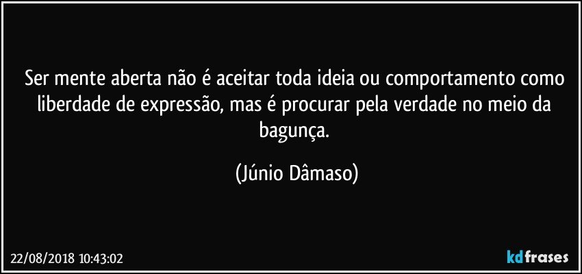 Ser mente aberta não é aceitar toda ideia ou comportamento como liberdade de expressão, mas é procurar pela verdade no meio da bagunça. (Júnio Dâmaso)
