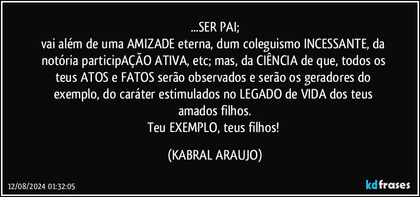 ...SER PAI;
vai além de uma AMIZADE eterna, dum coleguismo INCESSANTE, da notória participAÇÃO ATIVA, etc; mas, da CIÊNCIA de que, todos os teus ATOS e FATOS serão observados e serão os geradores do exemplo, do caráter estimulados no LEGADO de VIDA dos teus amados filhos.
Teu EXEMPLO, teus filhos! (KABRAL ARAUJO)