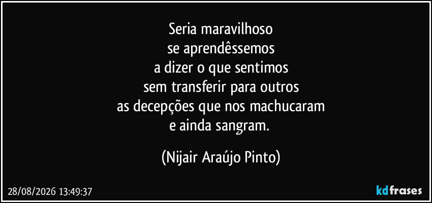 Seria maravilhoso
se aprendêssemos
a dizer o que sentimos
sem transferir para outros
as decepções que nos machucaram
e ainda sangram. (Nijair Araújo Pinto)